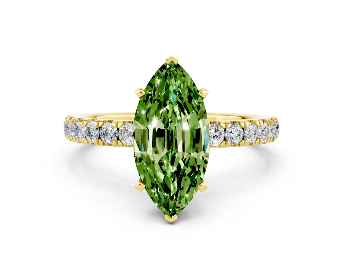 Yellow gold Marquise Cut Peridot Solitaire Ring with Pavé Accents and Four-Prong Setting