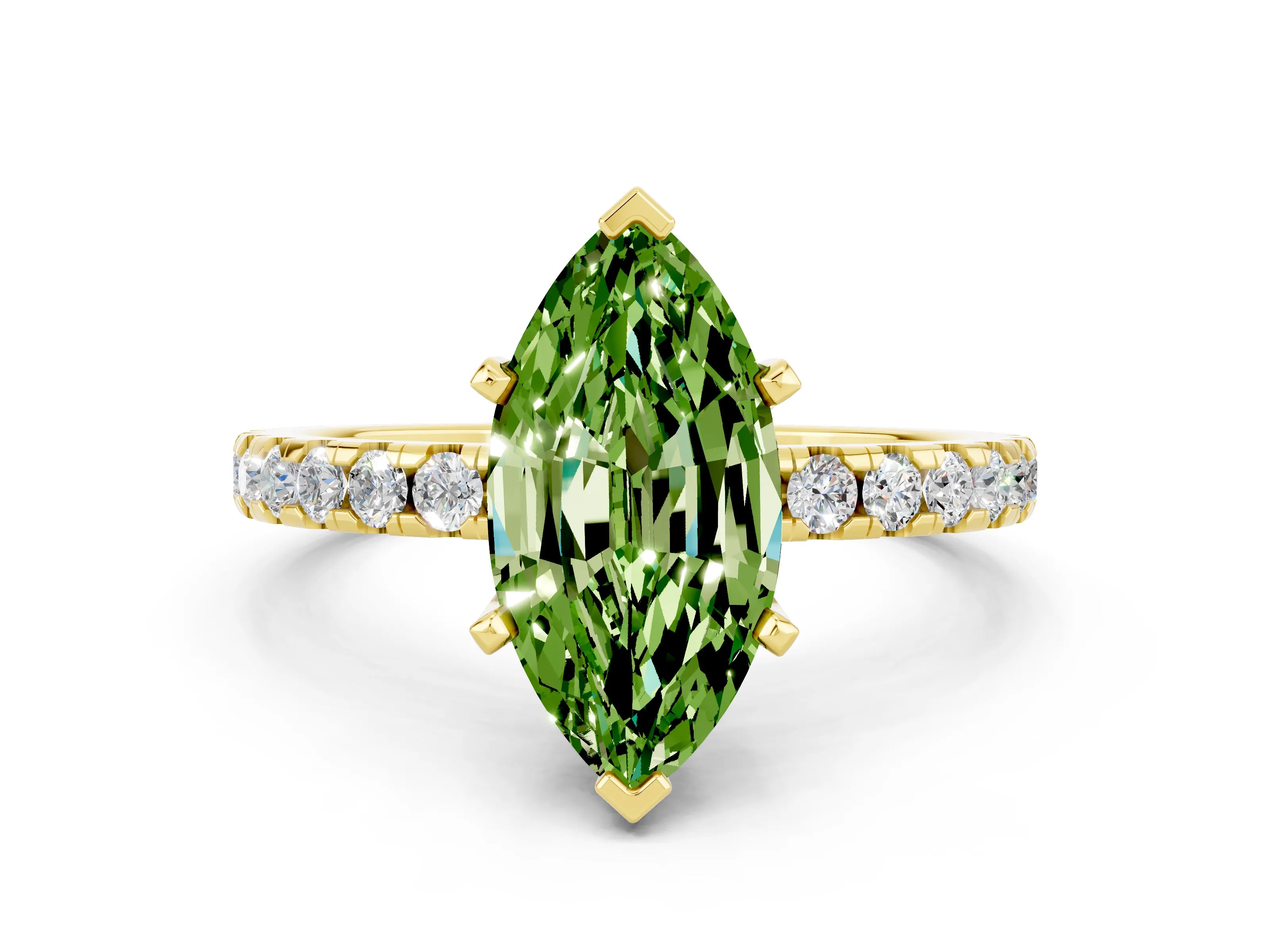 Yellow gold Marquise Cut Peridot Solitaire Ring with Pavé Band and Four-Prong Setting_24