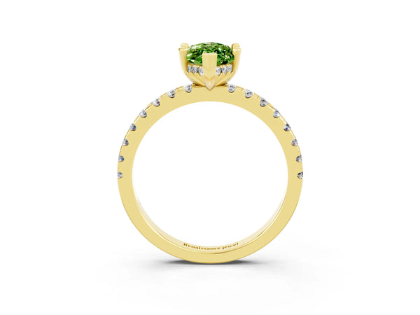Yellow gold Marquise Cut Peridot Solitaire Ring with Round  Pavé Band and Four-Prong Setting