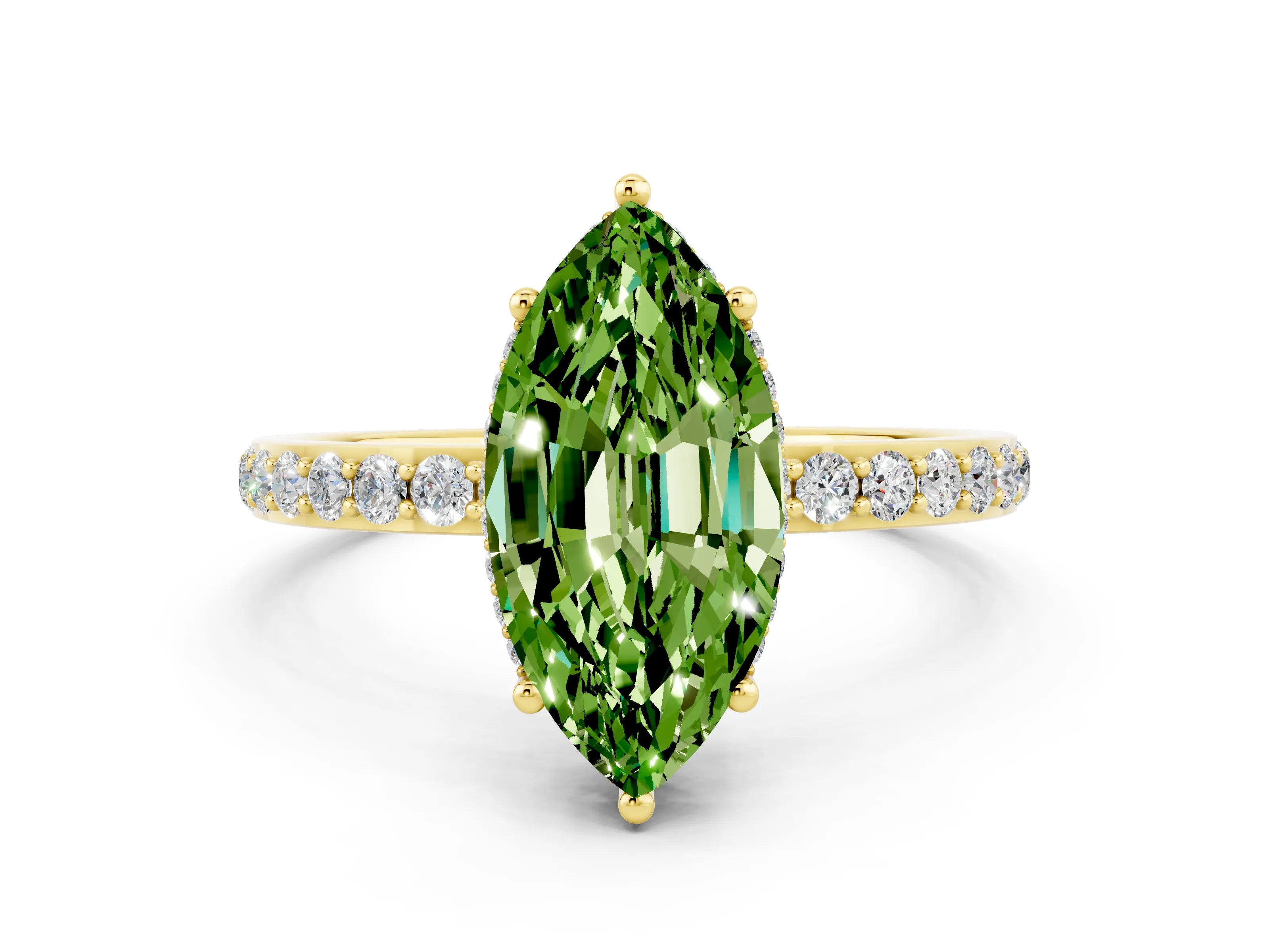 Yellow gold Marquise Cut Peridot Solitaire Ring with Pavé Band and Hidden Halo_12