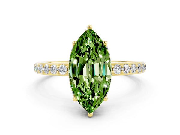 Yellow gold Marquise Cut Peridot Solitaire Ring with Pavé Band and Hidden Halo