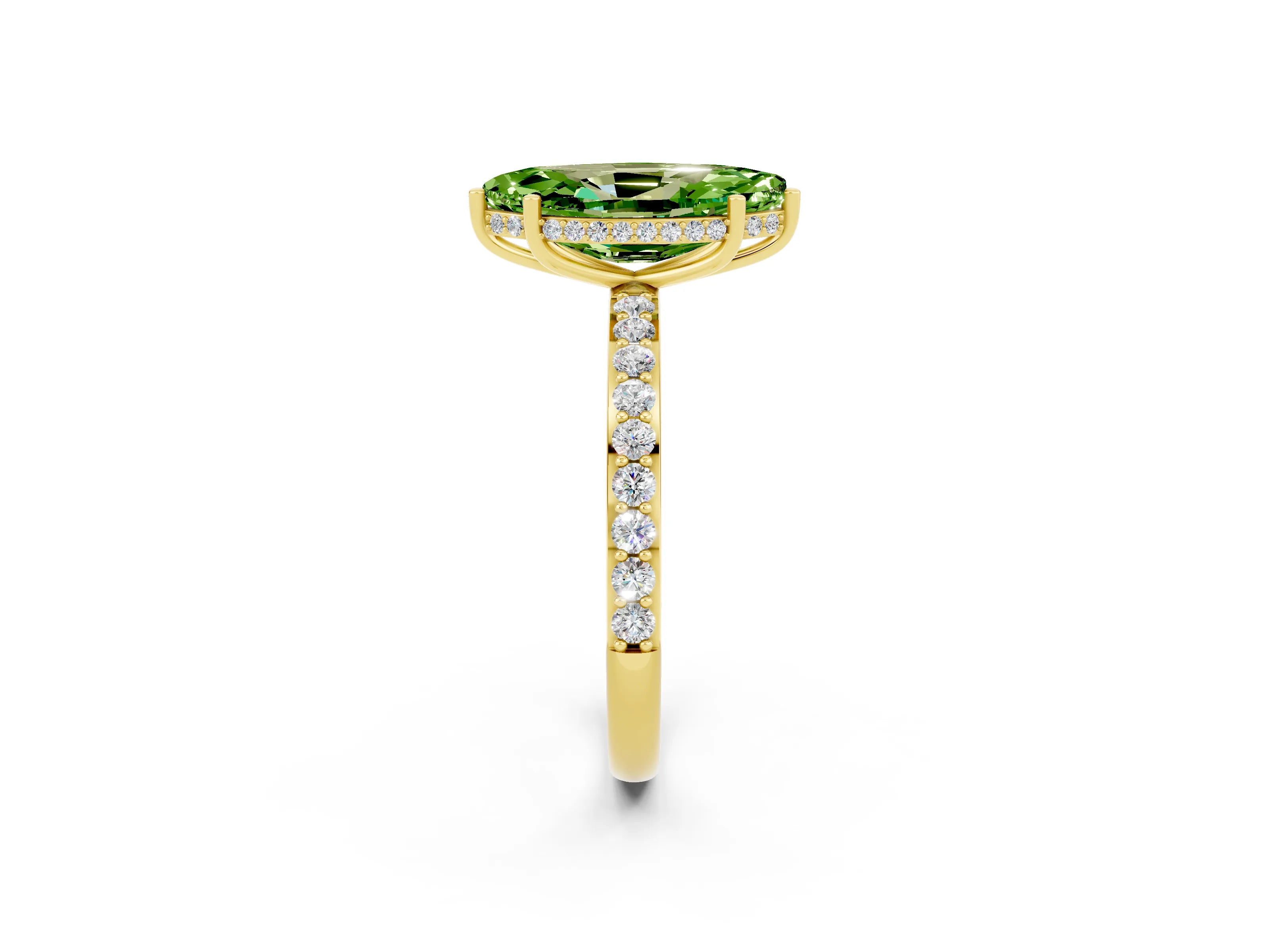 Yellow gold Marquise Cut Peridot Solitaire Ring with Pavé Band and Hidden Halo_14