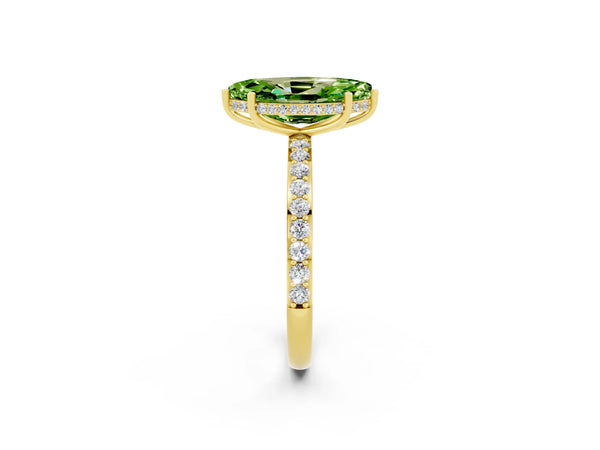 Yellow gold Marquise Cut Peridot Solitaire Ring with Pavé Band and Hidden Halo