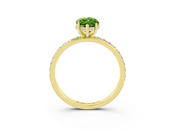 Yellow gold Marquise Cut Peridot Solitaire Ring with Pavé Band and Hidden Halo