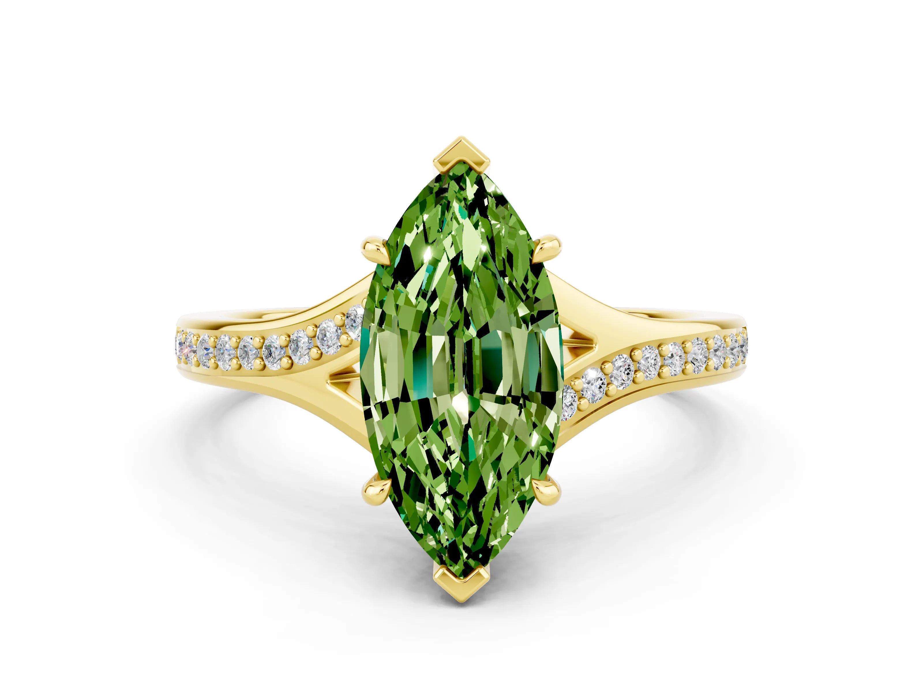 Yellow gold Marquise Cut Peridot Solitaire Ring with Pavé Band and Prong Setting