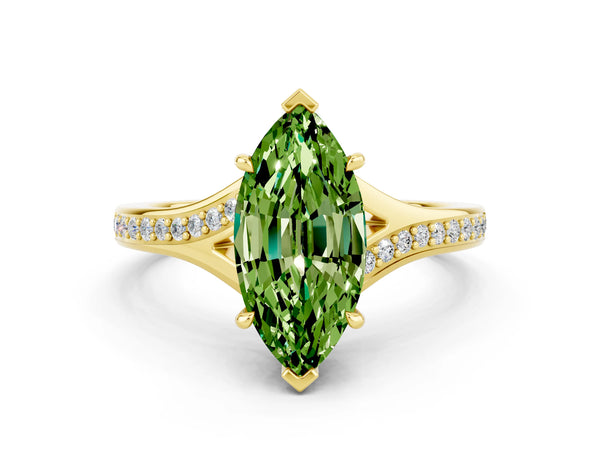 Yellow gold Marquise Cut Peridot Solitaire Ring with Pavé Band and Prong Setting