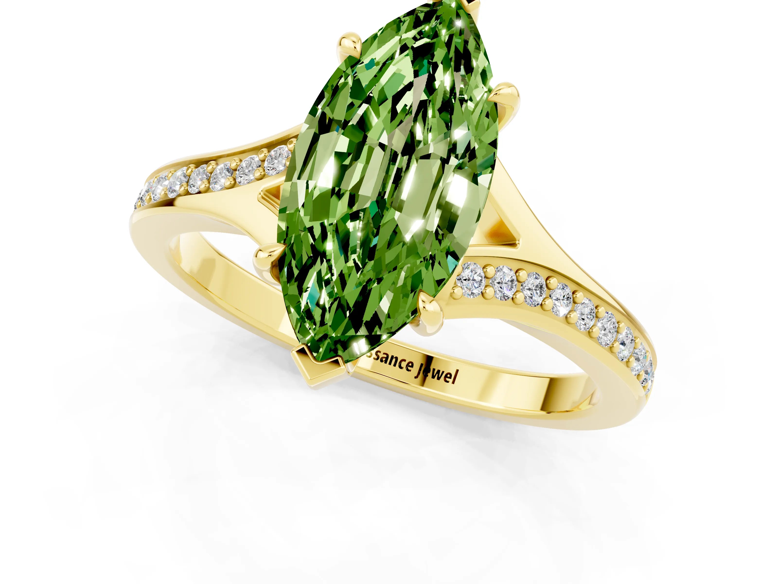 Yellow gold Marquise Cut Peridot Solitaire Ring with Pavé Band and Prong Setting_13