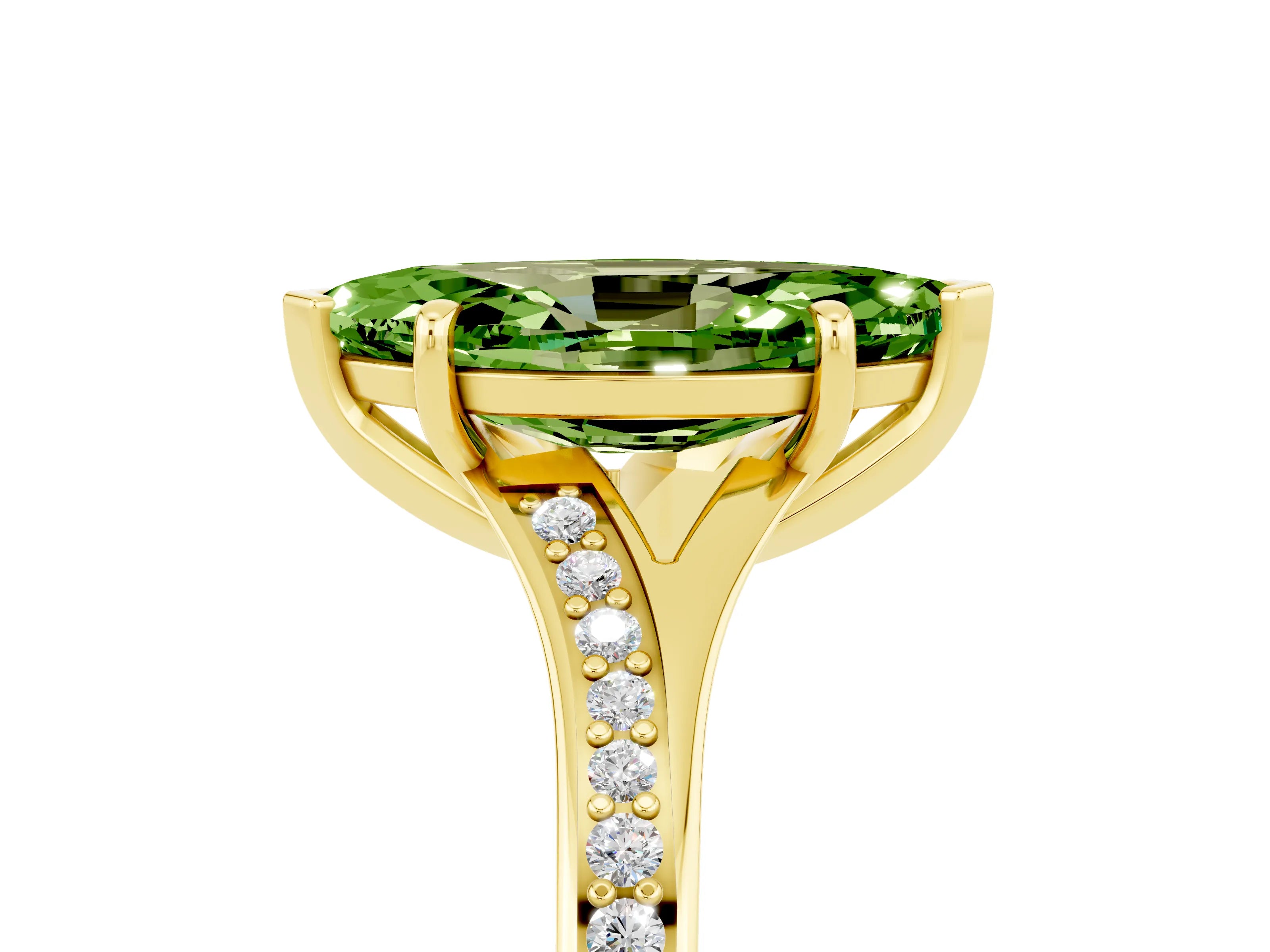 Yellow gold Marquise Cut Peridot Solitaire Ring with Pavé Band and Prong Setting_17