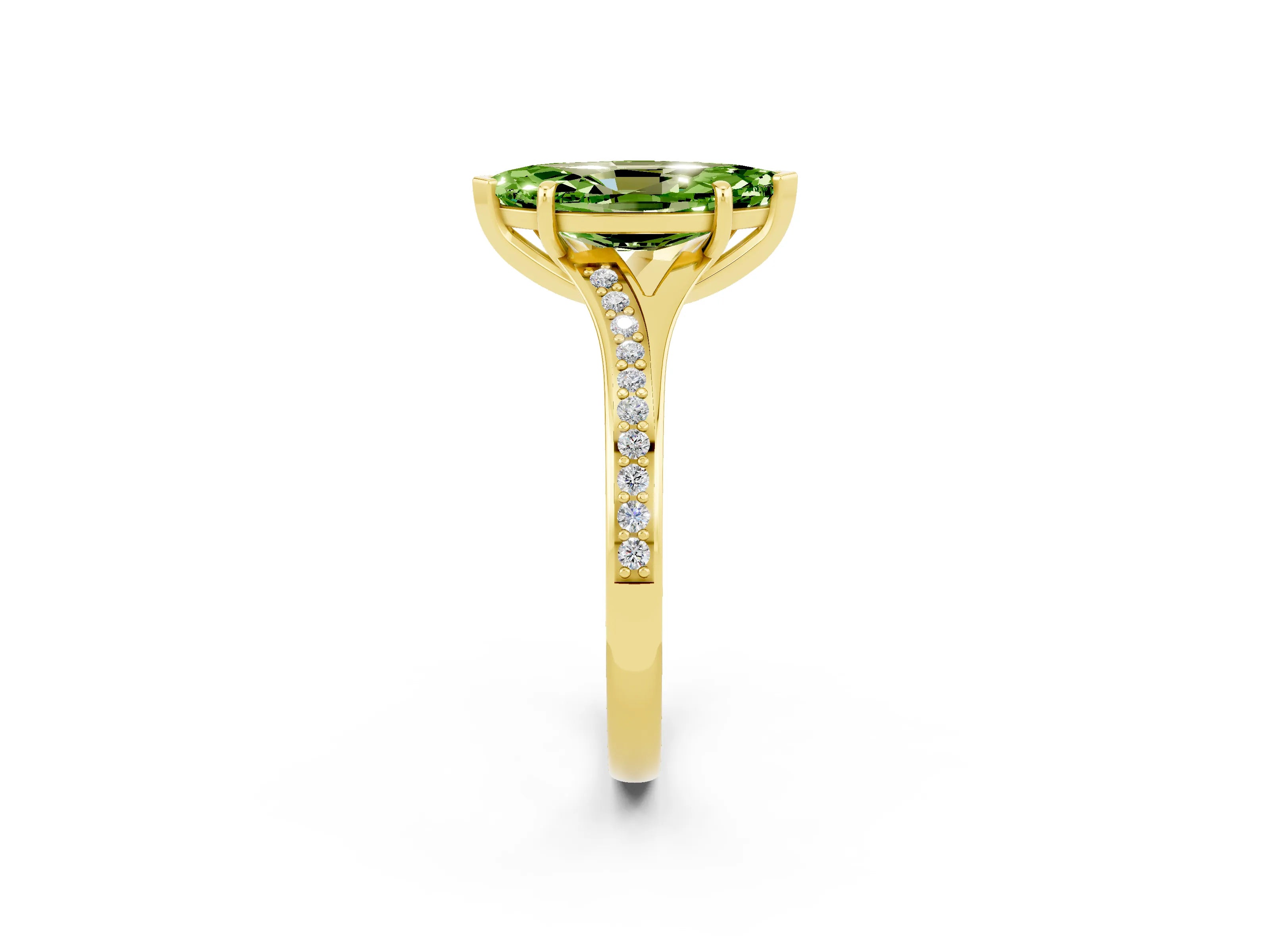 Yellow gold Marquise Cut Peridot Solitaire Ring with Pavé Band and Prong Setting_2