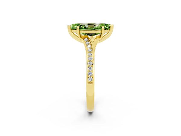 Yellow gold Marquise Cut Peridot Solitaire Ring with Pavé Band and Prong Setting