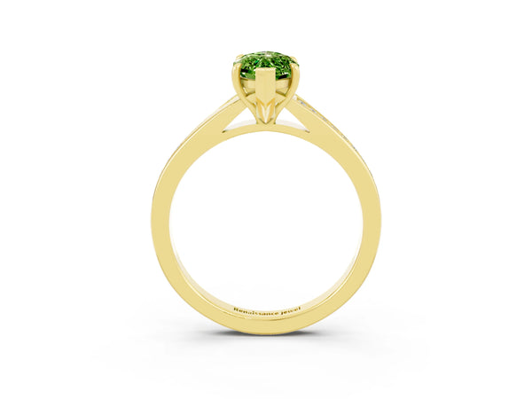 Yellow gold Marquise Cut Peridot Solitaire Ring with Pavé Band and Prong Setting