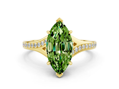 Yellow gold Marquise Cut Peridot Solitaire Ring with Pavé Band and Prong Setting