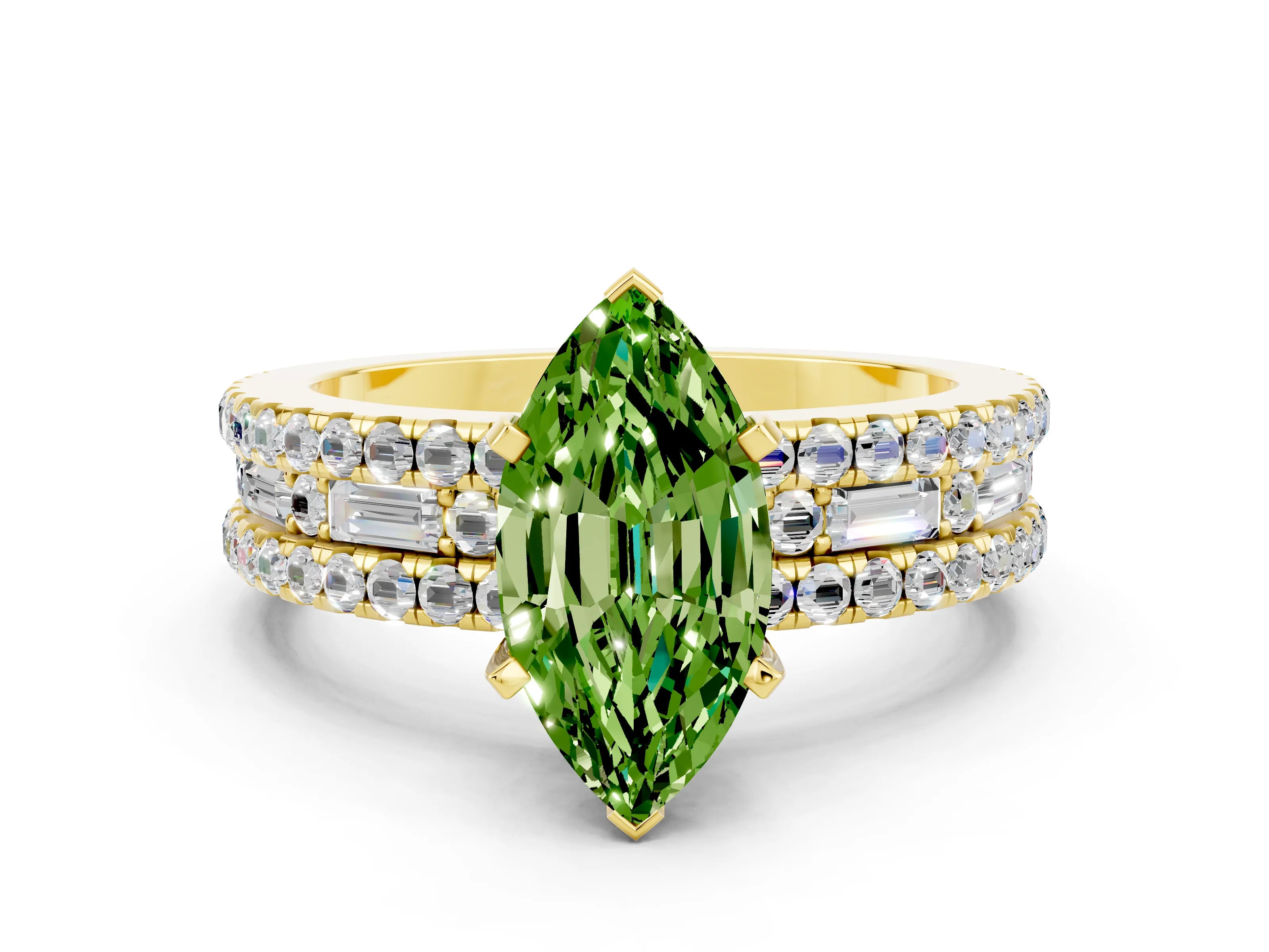 Yellow gold Marquise Cut Peridot Solitaire Ring with Pavé and Channel Set Band