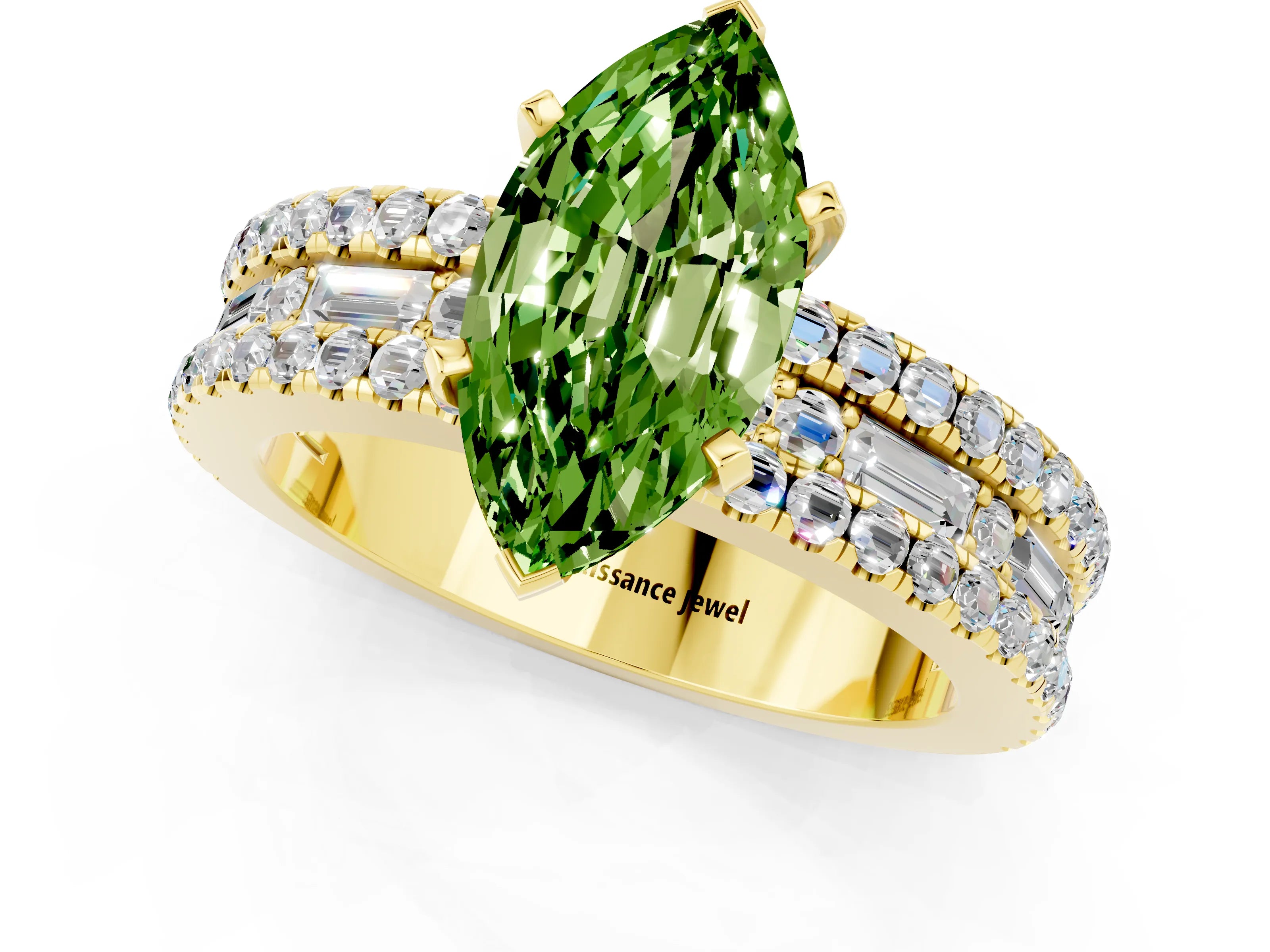 Yellow gold Marquise Cut Peridot Solitaire Ring with Pavé and Channel Set Band_1