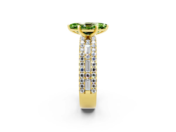 Yellow gold Marquise Cut Peridot Solitaire Ring with Pavé and Channel Set Band