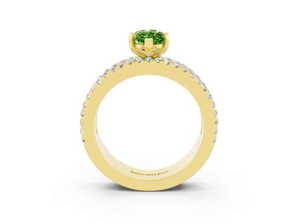 Yellow gold Marquise Cut Peridot Solitaire Ring with Pavé and Channel Set Band