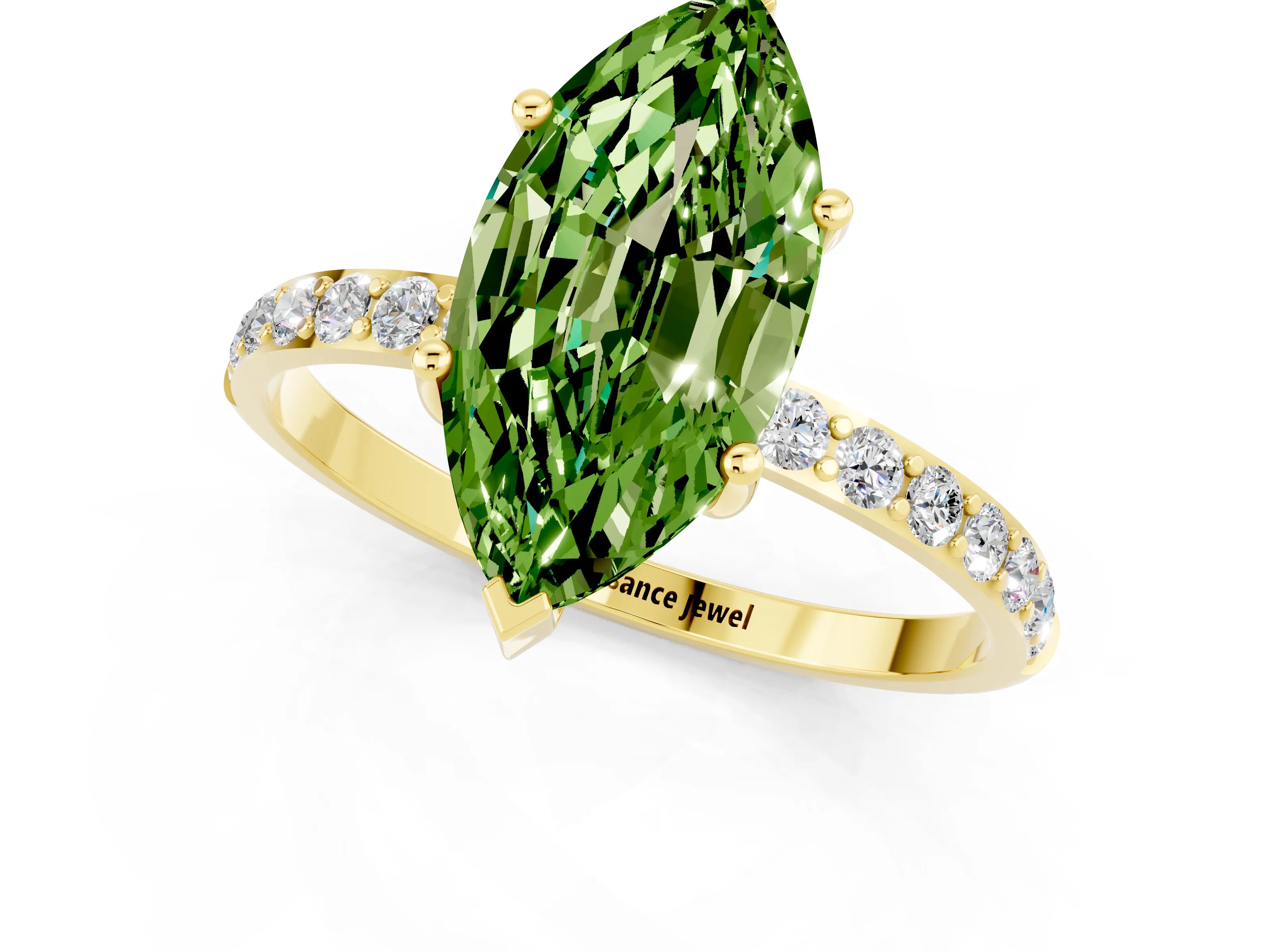 Yellow gold Marquise Cut Peridot Solitaire Ring with Pave Band and Four Prong Setting_25