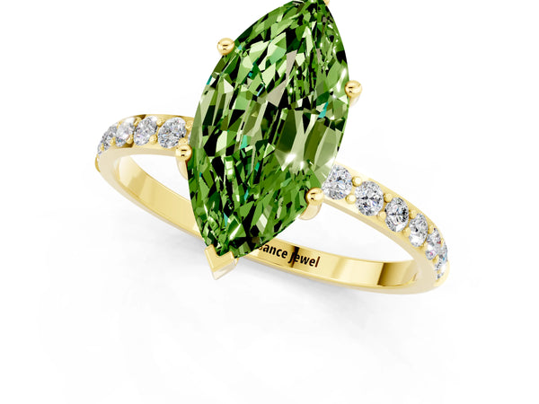Yellow gold Marquise Cut Peridot Solitaire Ring with Round  Pavé Band and Prong Setting