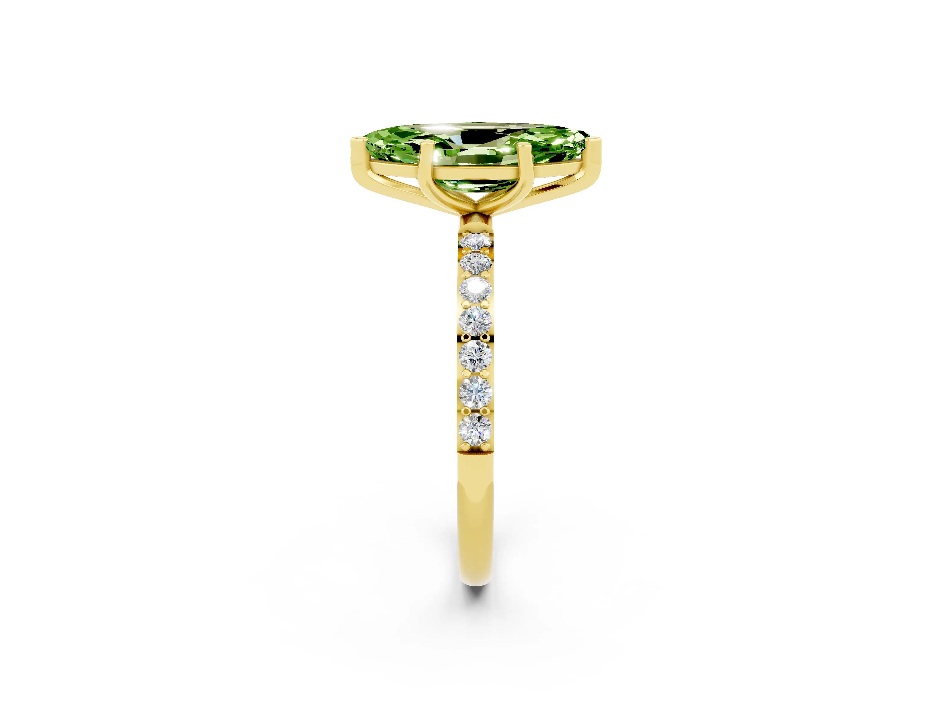 Yellow gold Marquise Cut Peridot Solitaire Ring with Pave Band and Four Prong Setting_26