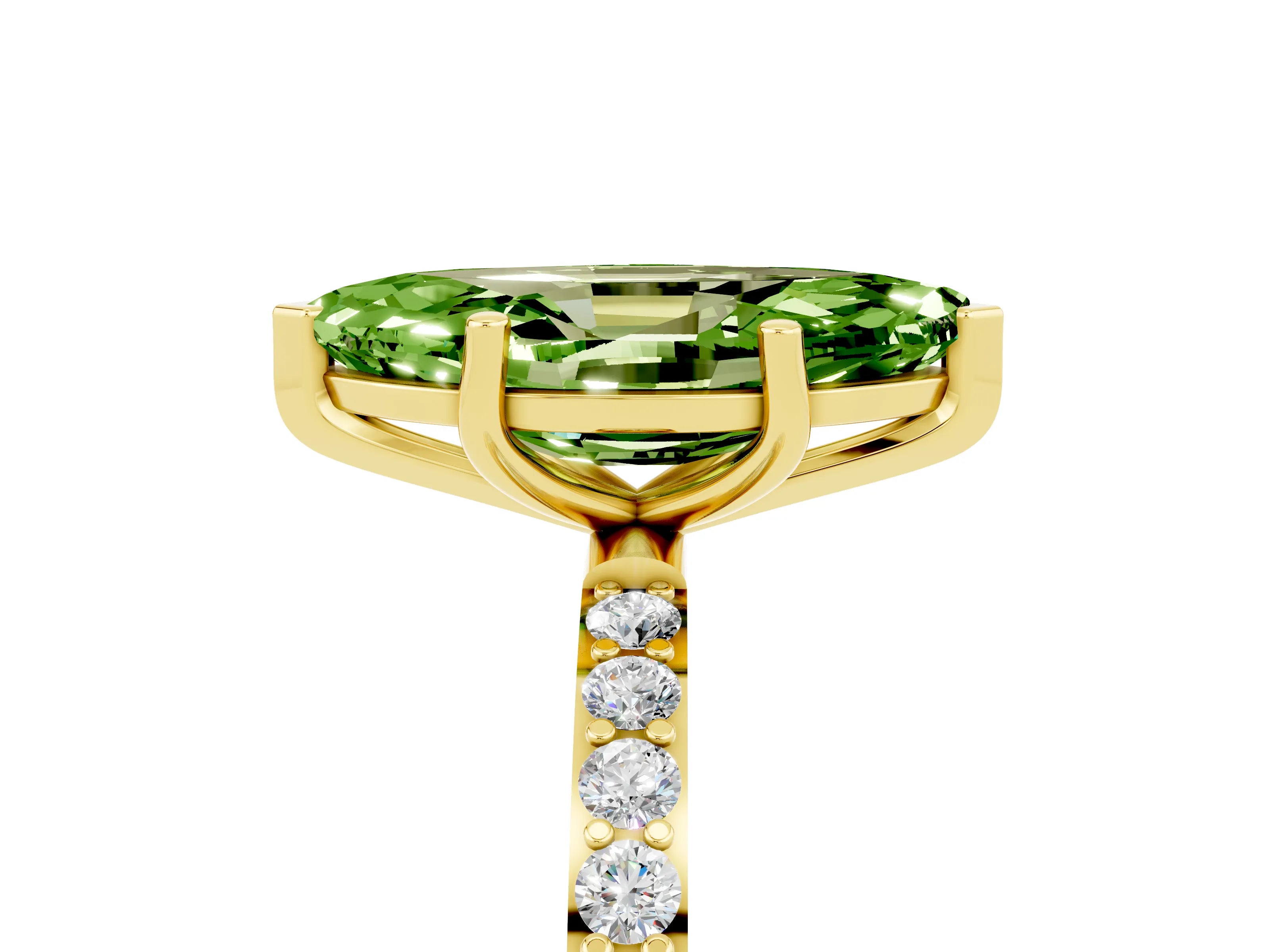 Yellow gold Marquise Cut Peridot Solitaire Ring with Pave Band and Four Prong Setting_29