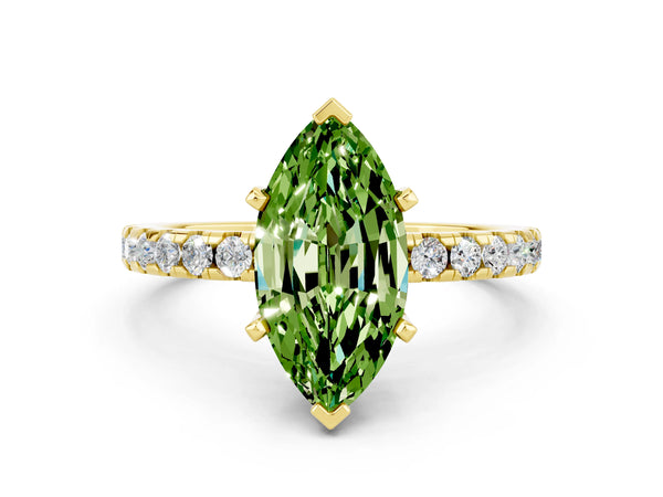 Yellow gold Marquise Cut Peridot Solitaire Ring with Round  Pavé Band and Four-Prong Setting