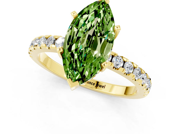 Yellow gold Marquise Cut Peridot Solitaire Ring with Round  Pavé Band and Four-Prong Setting