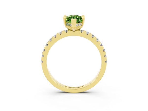 Yellow gold Marquise Cut Peridot Solitaire Ring with Round  Pavé Band and Four-Prong Setting