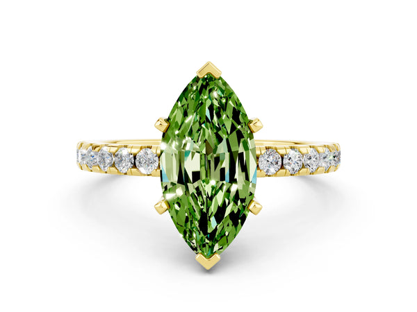 Yellow gold Marquise Cut Peridot Solitaire Ring with Round Pavé Band and Four-Prong Setting