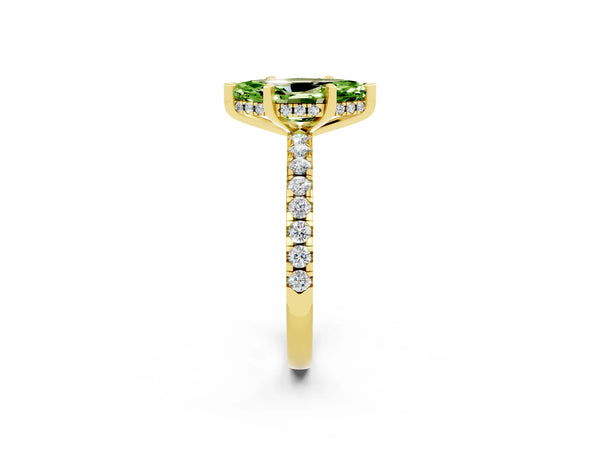 Yellow gold Marquise Cut Peridot Solitaire Ring with Round Pavé Band and Four-Prong Setting