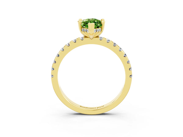 Yellow gold Marquise Cut Peridot Solitaire Ring with Round Pavé Band and Four-Prong Setting