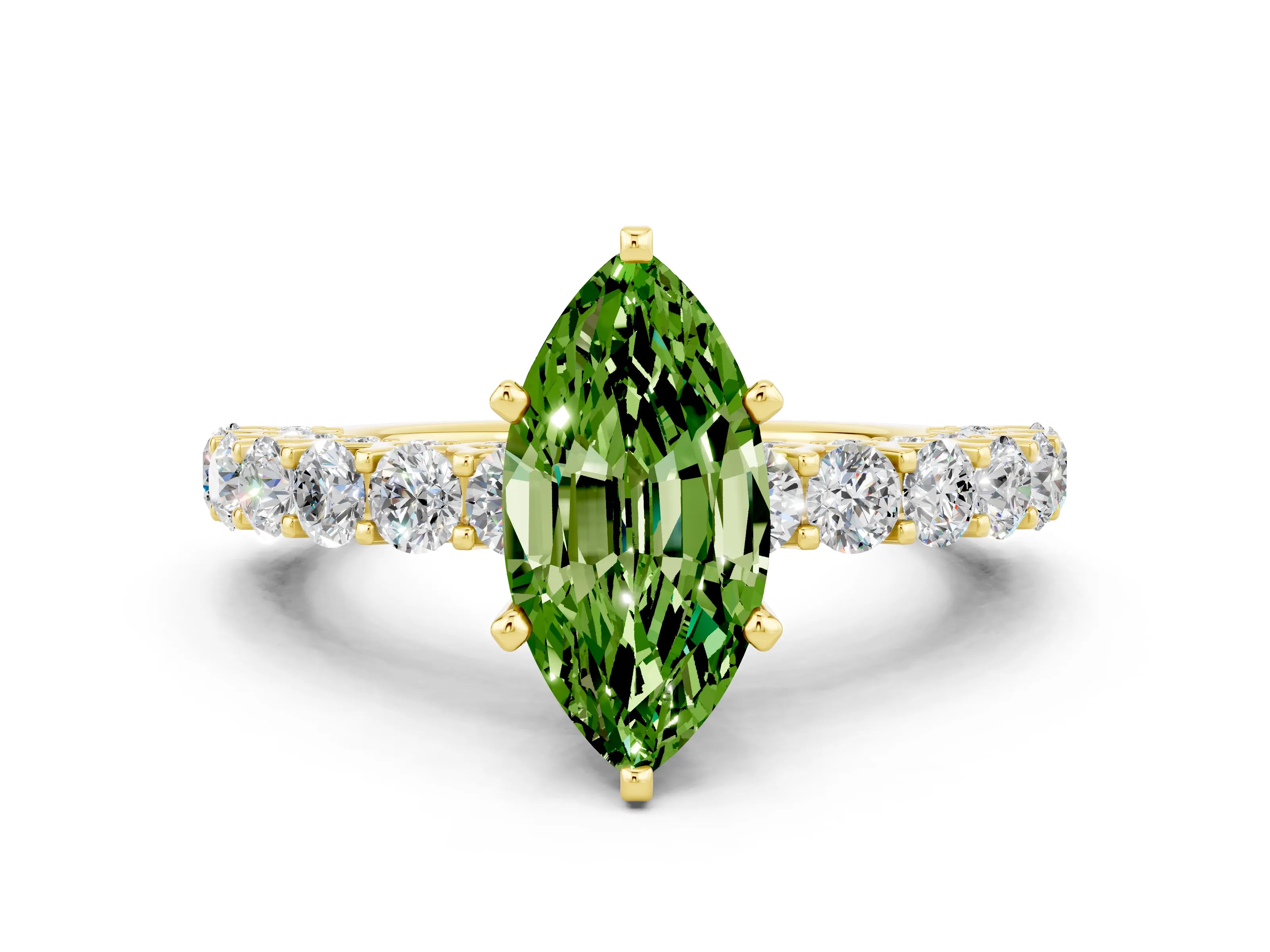 Yellow gold Marquise Cut Peridot Solitaire Ring with Shared Prong Pavé Band and Four-Prong Setting