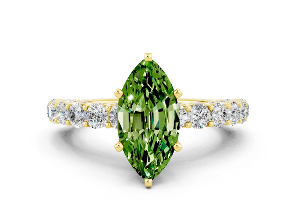 Yellow gold Marquise Cut Peridot Solitaire Ring with Shared Prong Pavé Band and Four-Prong Setting