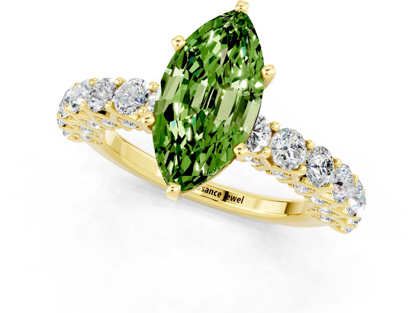 Yellow gold Marquise Cut Peridot Solitaire Ring with Shared Prong Pavé Band and Four-Prong Setting