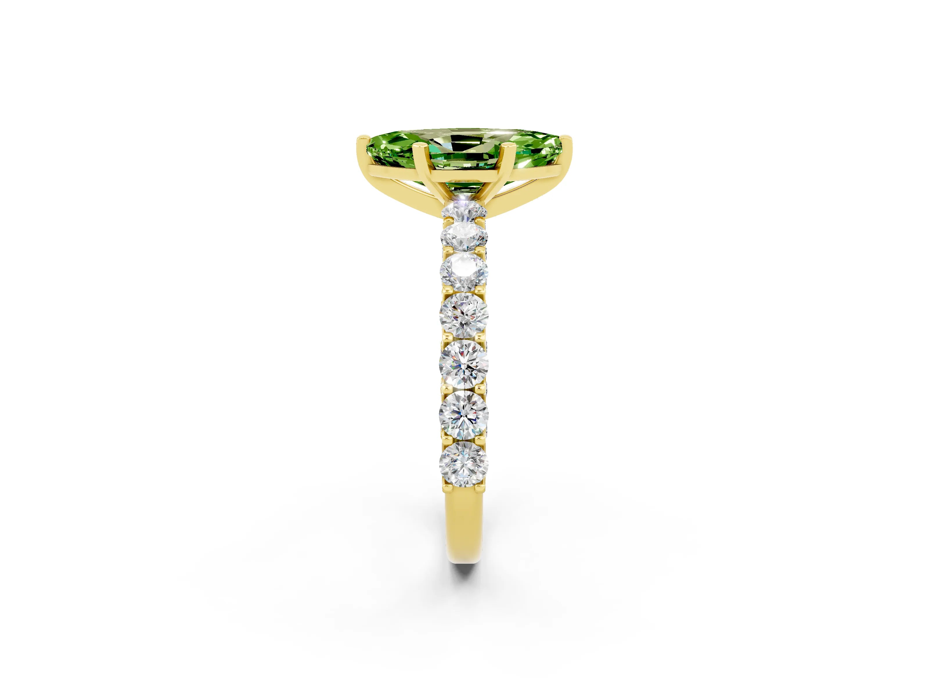 Yellow gold Marquise Cut Peridot Solitaire Ring with Shared Prong Pavé Band and Four-Prong Setting_2