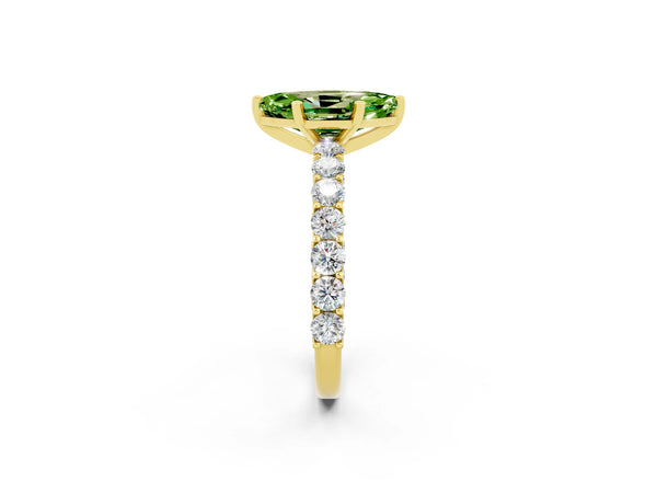 Yellow gold Marquise Cut Peridot Solitaire Ring with Shared Prong Pavé Band and Four-Prong Setting