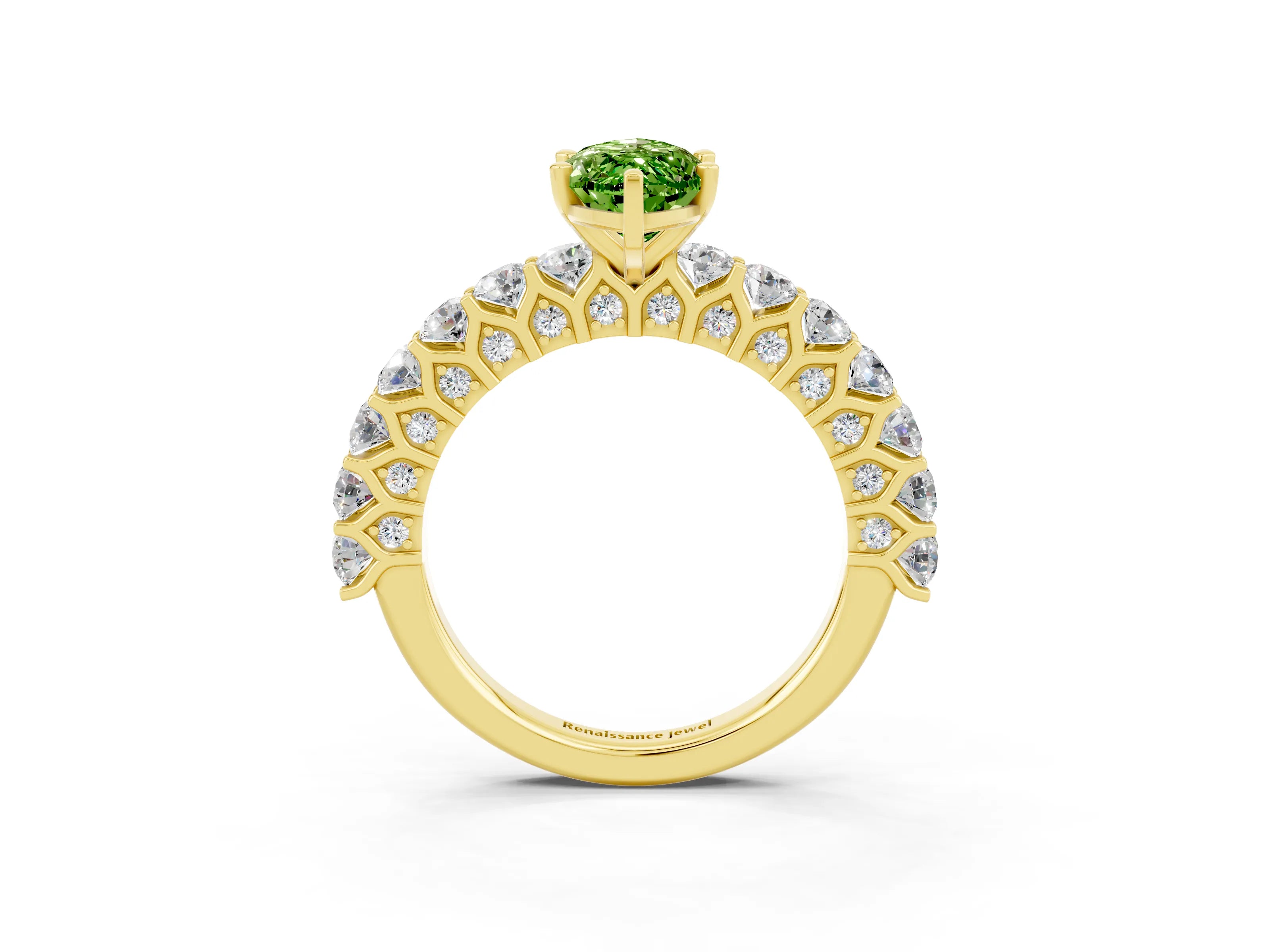 Yellow gold Marquise Cut Peridot Solitaire Ring with Shared Prong Pavé Band and Four-Prong Setting_3