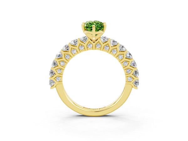 Yellow gold Marquise Cut Peridot Solitaire Ring with Shared Prong Pavé Band and Four-Prong Setting