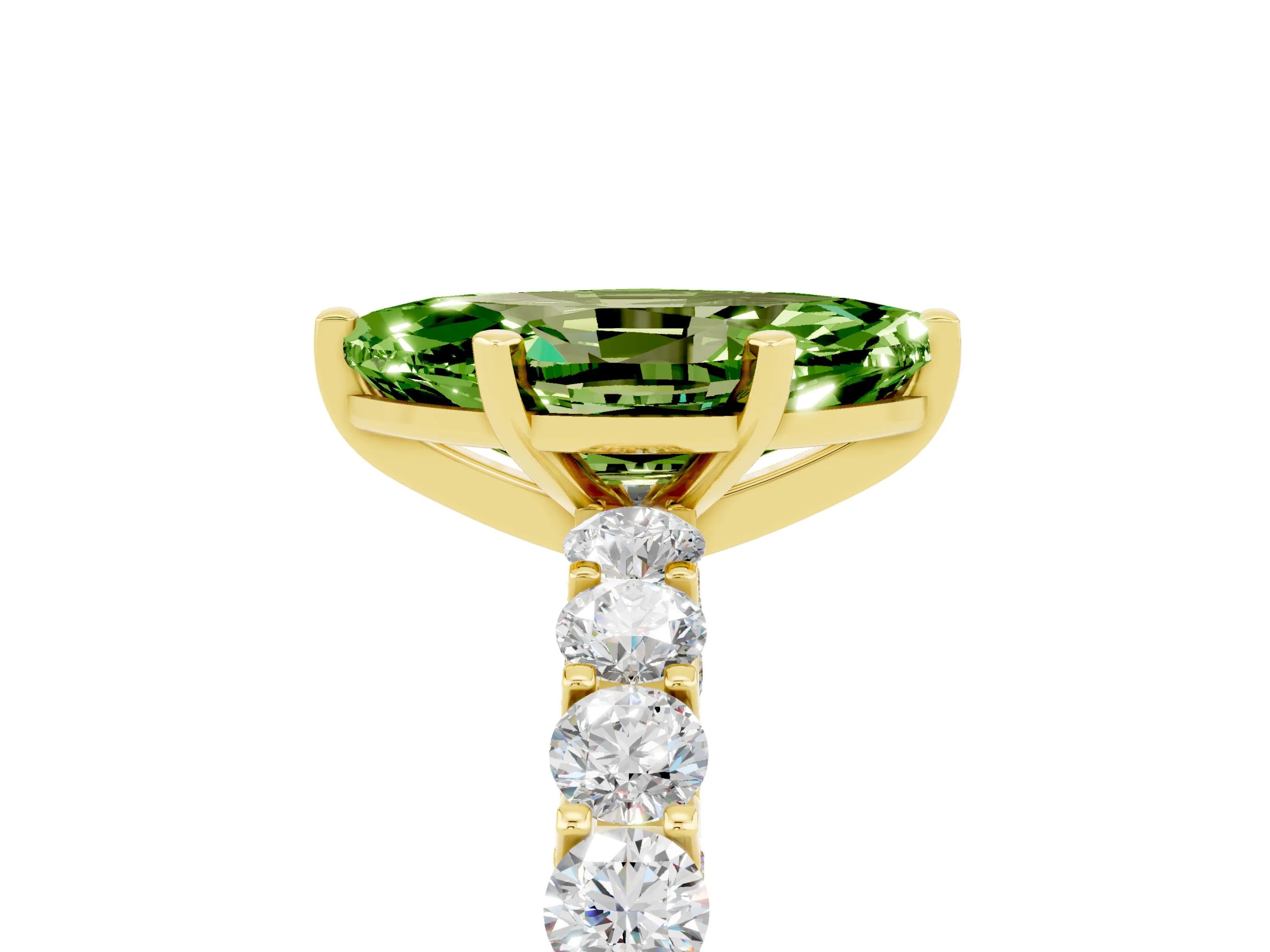 Yellow gold Marquise Cut Peridot Solitaire Ring with Shared Prong Pavé Band and Four-Prong Setting_5
