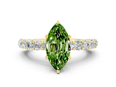 Yellow gold Marquise Cut Peridot Solitaire Ring with Shared Prong Pavé Band and Four-Prong Setting