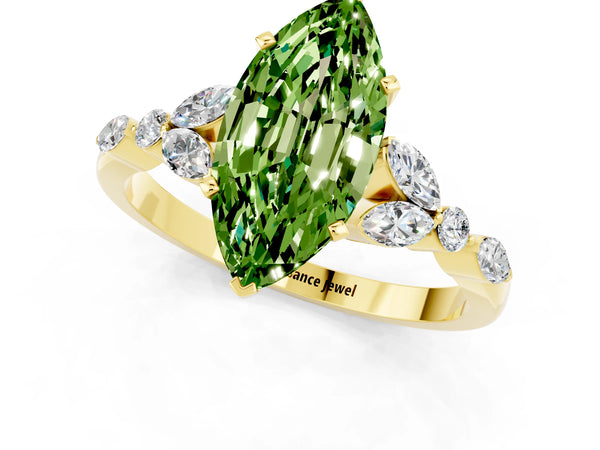 Yellow gold Marquise Cut Peridot Solitaire Ring with Side Stones and Four-Prong Setting