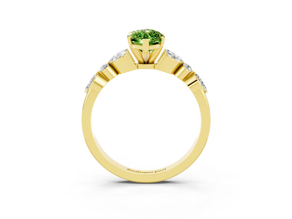 Yellow gold Marquise Cut Peridot Solitaire Ring with Side Stones and Four-Prong Setting