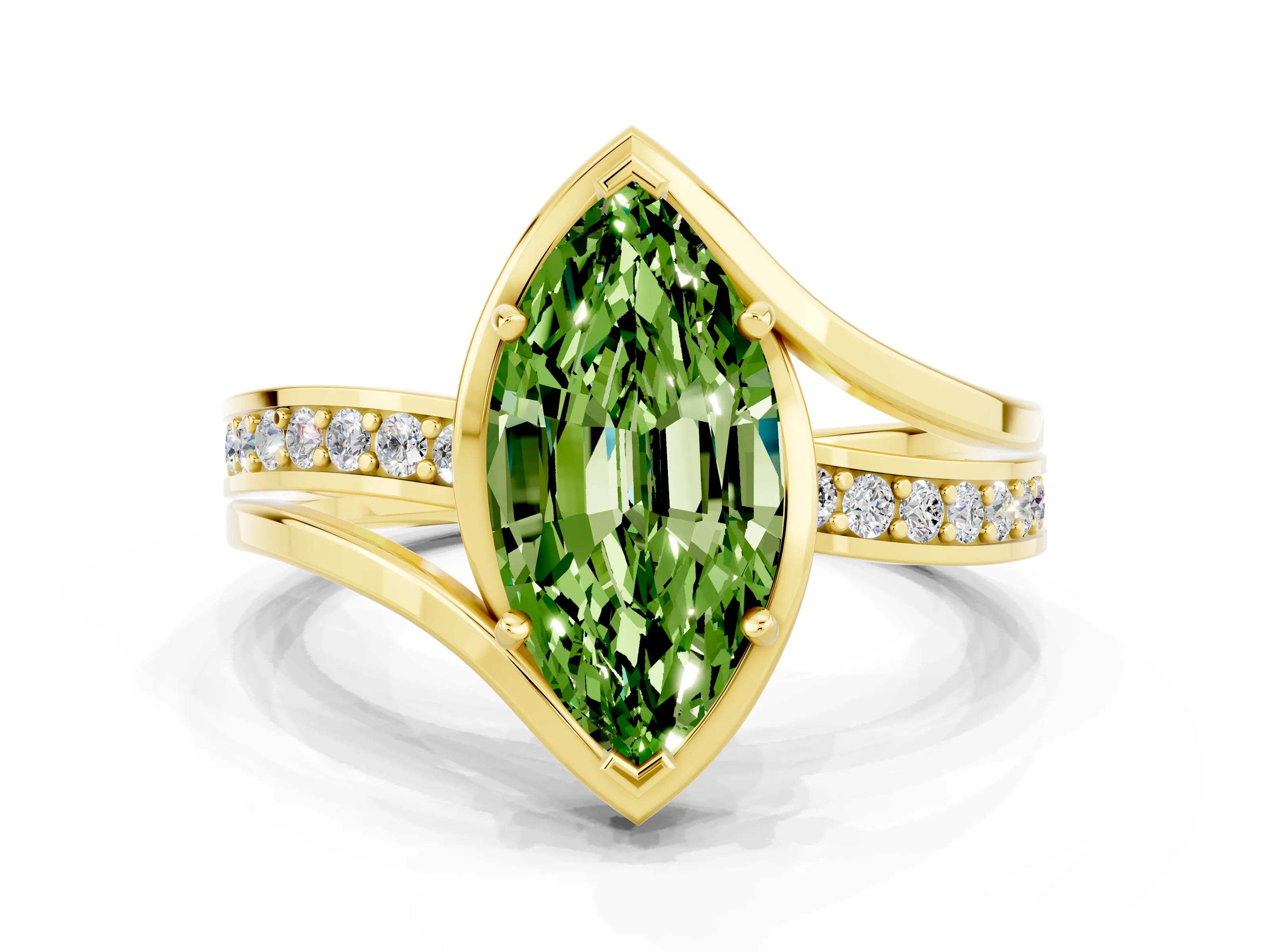 Yellow gold Marquise Cut Peridot Solitaire Ring with Split Shank and Prong Setting