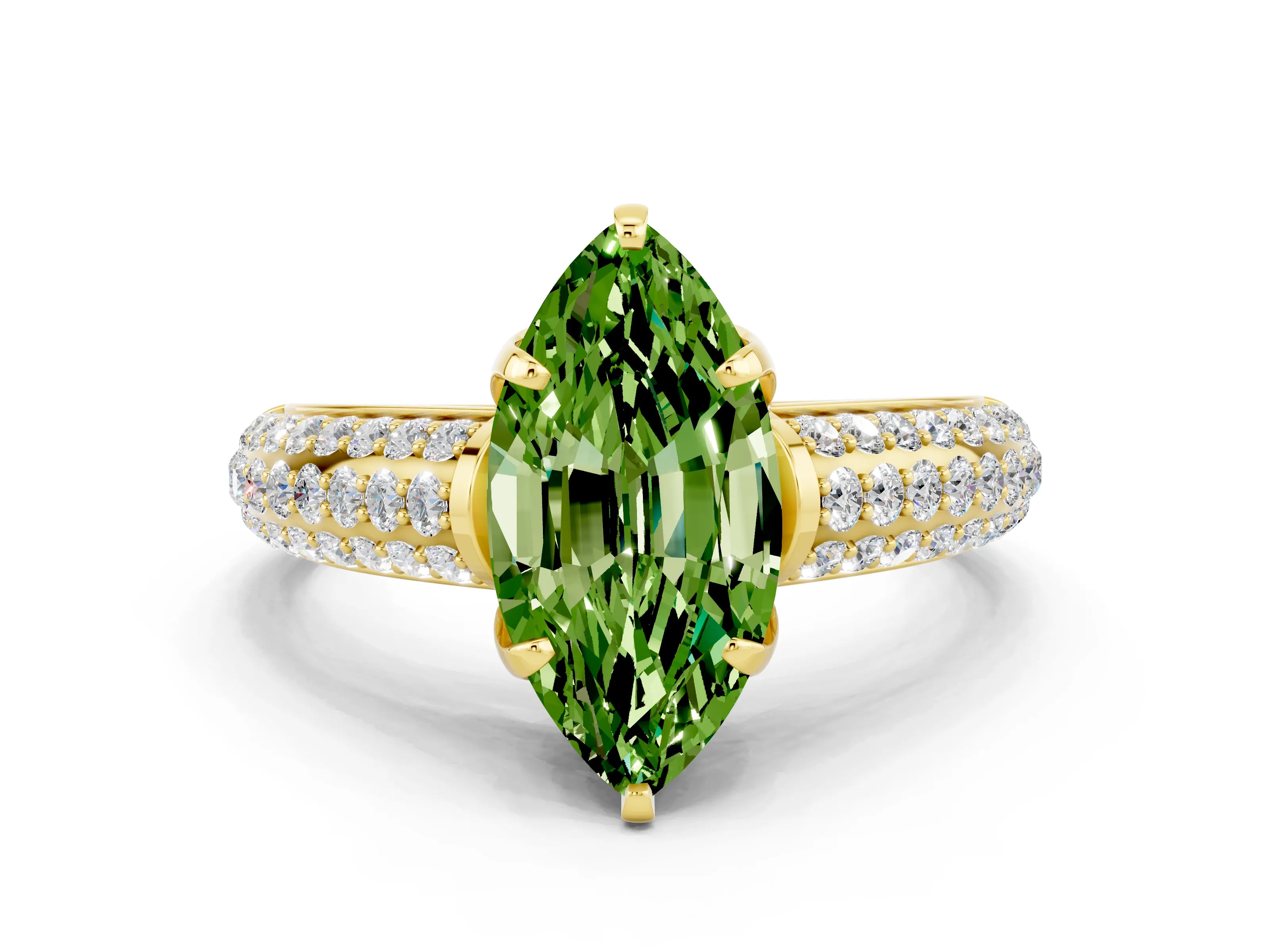 Yellow gold Marquise Cut Peridot Solitaire Ring with Three-Row Pavé Band and Four-Prong Setting_12