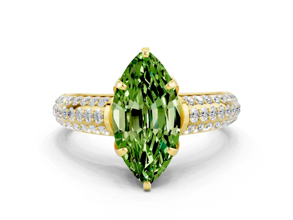 Yellow gold Marquise Cut Peridot Solitaire Ring with Three-Row Pavé Band and Four-Prong Setting