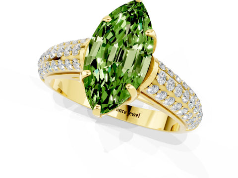Yellow gold Marquise Cut Peridot Solitaire Ring with Three-Row Pavé Band and Four-Prong Setting_13