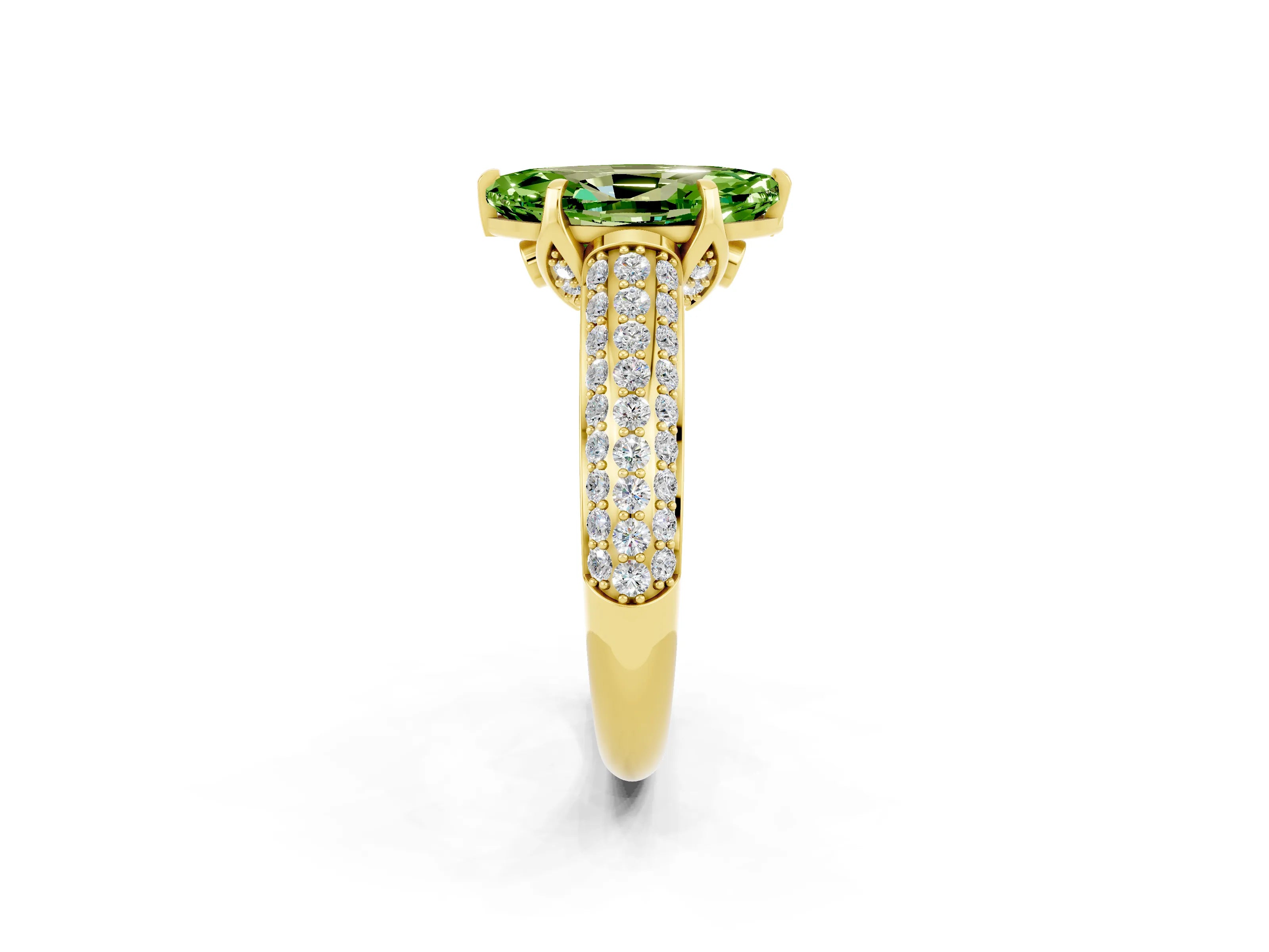 Yellow gold Marquise Cut Peridot Solitaire Ring with Three-Row Pavé Band and Four-Prong Setting_14