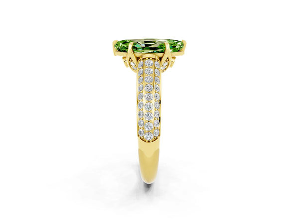 Yellow gold Marquise Cut Peridot Solitaire Ring with Three-Row Pavé Band and Four-Prong Setting
