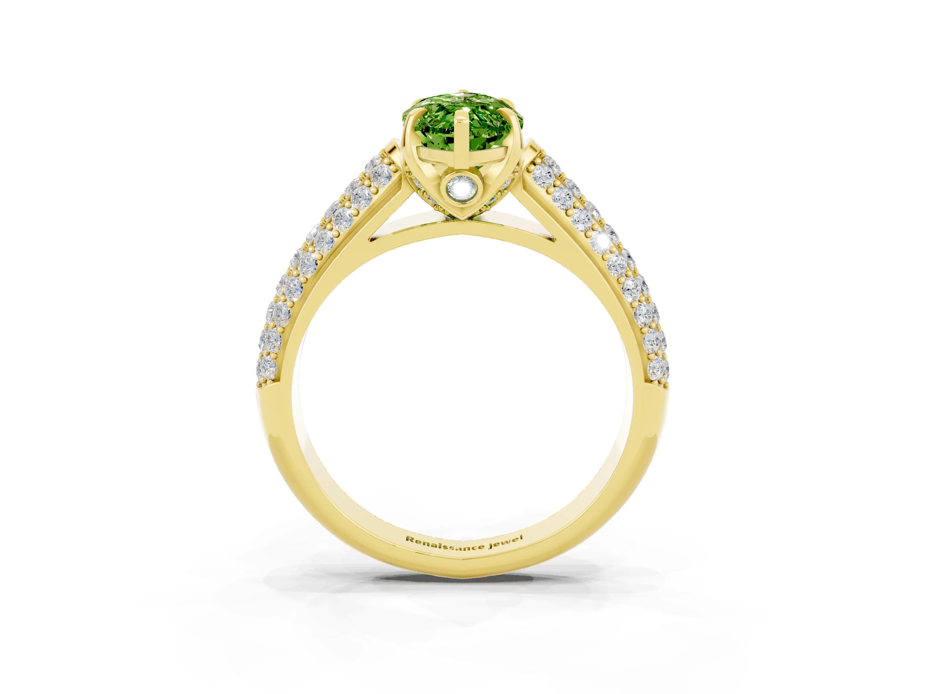 Yellow gold Marquise Cut Peridot Solitaire Ring with Three-Row Pavé Band and Four-Prong Setting_15