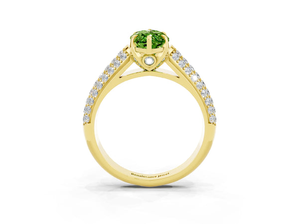 Yellow gold Marquise Cut Peridot Solitaire Ring with Three-Row Pavé Band and Four-Prong Setting