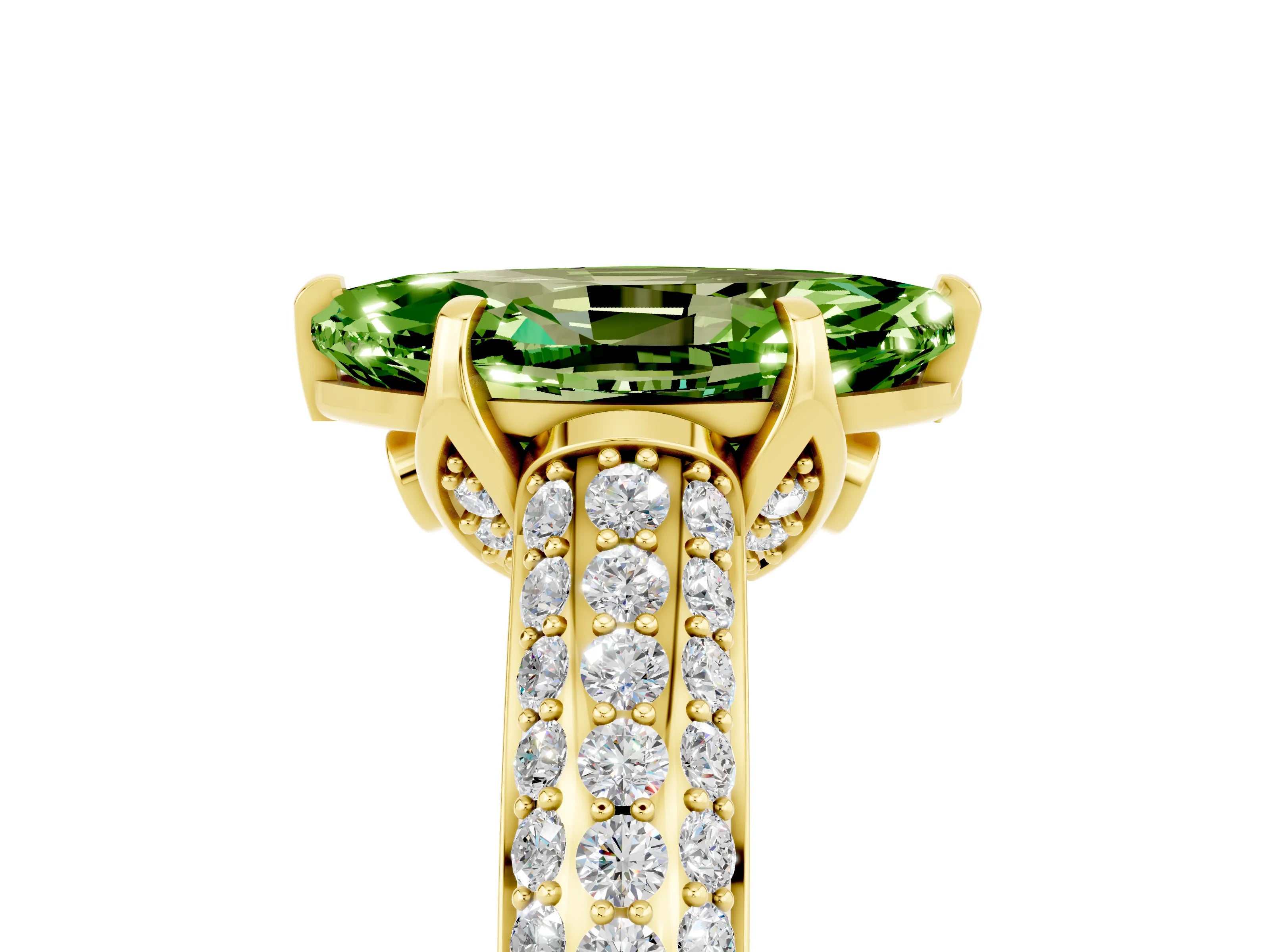Yellow gold Marquise Cut Peridot Solitaire Ring with Three-Row Pavé Band and Four-Prong Setting_17
